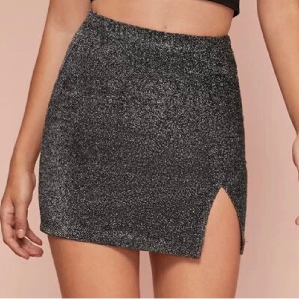 Glitter High-Rise Slit Mini Skirt